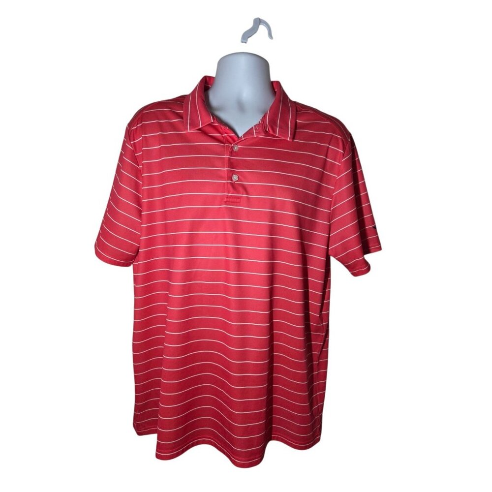 Golf America Coral Pink White Striped Resort Men's Golf Polo‎ Top Short Sleeve L